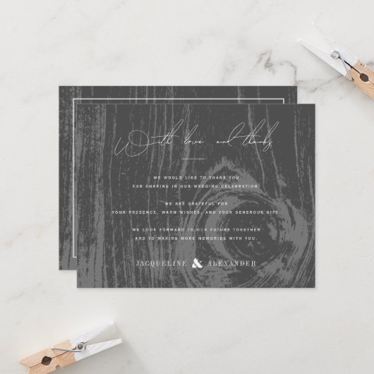 Black Rustic Woodgrain Winter Wedding Vielen Dank Einladung (Vorderseite/Rückseite Beispiel)
