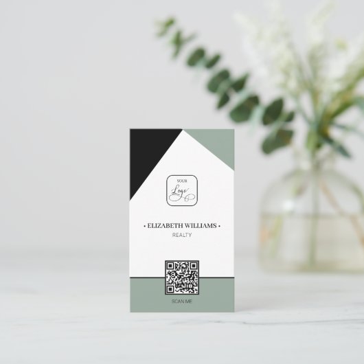 Black Saga Green Custom Business Logo & QR Code Visitenkarte (Stehend Vorderseite)