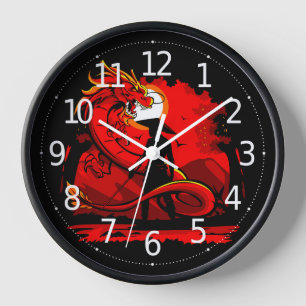 Black Samurai Red Dragon japanische Style Artwork  Uhr