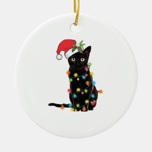 Black Santa Cat Tangled Up In Lights Christmas Keramik Ornament (Vorne)