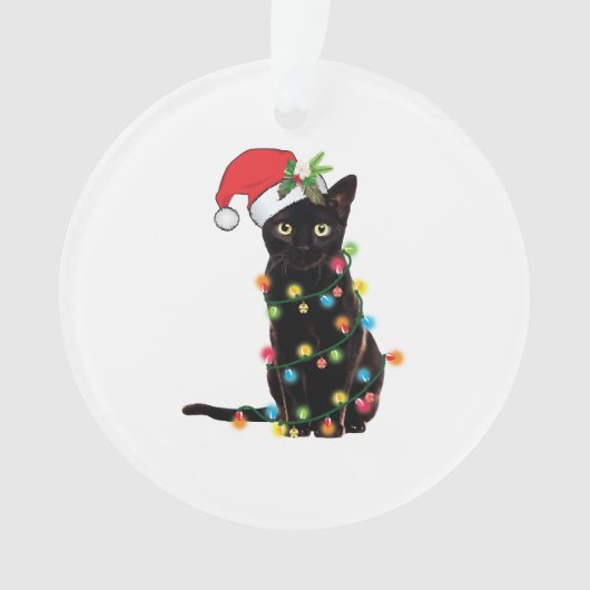 Black Santa Cat Tangled Up In Lights Christmas Ornament (Vorderseite)