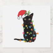 Black Santa Cat Tangled Up In Lights Christmas Schaumweinetikett (Einzelnes Label)