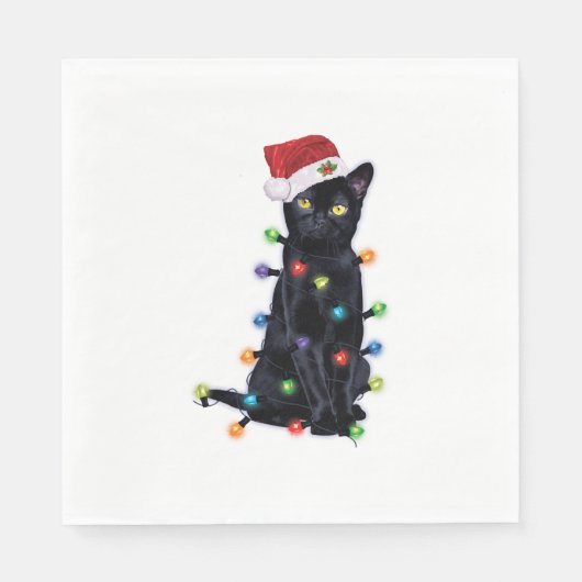 Black Santa Cat with christmas lights Serviette (Vorderseite)