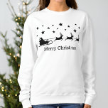 Black Santa Sleigh and Deer & Merry Christmas Text Sweatshirt<br><div class="desc">Desteis festliche schwarze Silhouette-Design eines Weihnachtsmannes in einem Schlitten mit Rentieren,  die ihn vorwärts ziehen. Über ihnen sind Sterne. Unter dem Bild befindet sich ein personalisierbarer Textbereich,  der nun lautet: "Frohe Weihnachten". HINWEIS: Sie können die Farben des Designs auf jede andere Farbe ändern,  wenn Sie möchten.</div>