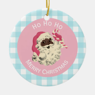 Black Santa und Blue Gingham Keramik Ornament