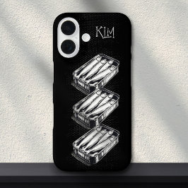 Black Sardine Art Grunge Zeichnend Custom Monogram iPhone 16 Hülle