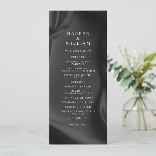 Black Satin Elegance Wedding Program Einladung (Stehend Vorderseite)