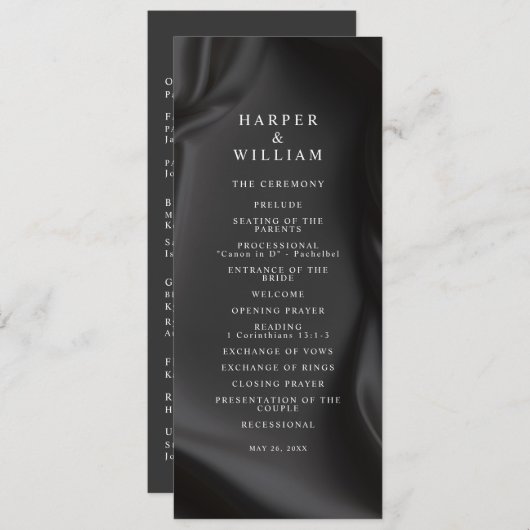 Black Satin Elegance Wedding Program Einladung (Vorne/Hinten)