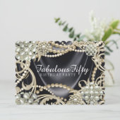 Black Satin Pearl Glamour Birthday Party Einladung (Stehend Vorderseite)