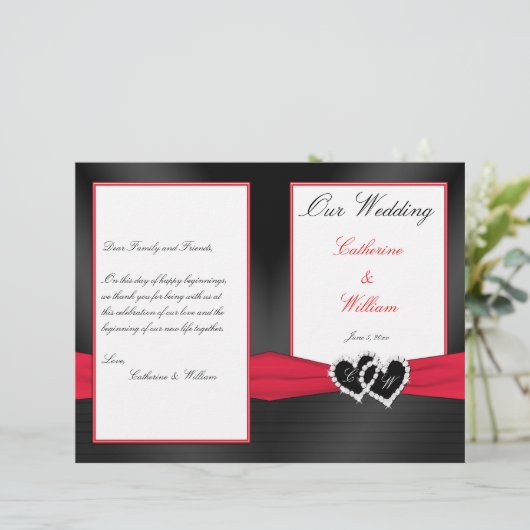 Black Satin Pleasts with Hearts Wedding Program (Stehend Vorderseite)