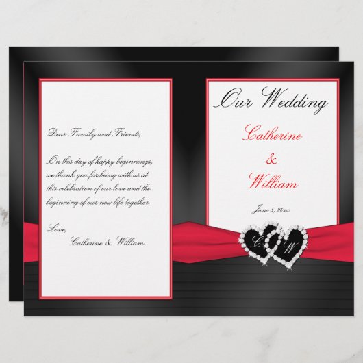 Black Satin Pleasts with Hearts Wedding Program (Vorne/Hinten)