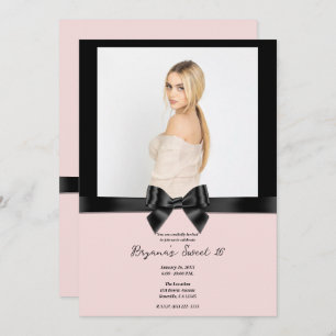 Black Satin Ribbon Bow Blush Pink Foto Sweet 16 Einladung