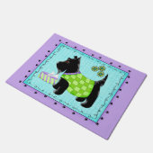Black Scottie Dog begrüßt Türkis Lavender Fußmatte (Schrägansicht)