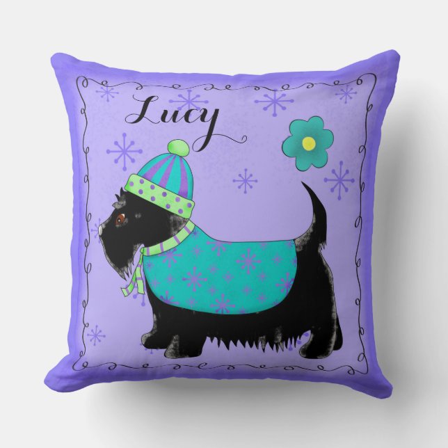 Black Scottie Dog Name Personalisiert Lavender Kissen (Vorderseite)