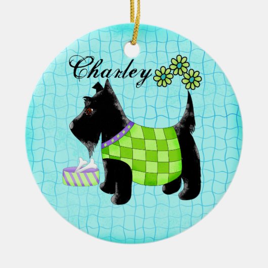 Black Scottie Dog Name Personalisiert Türkis Keramikornament (Vorne)