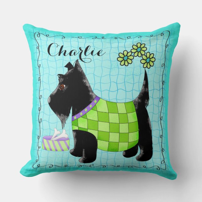 Black Scottie Dog Name Türkis personalisieren Kissen (Vorderseite)