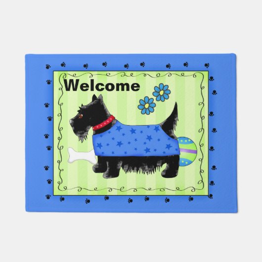 Black Scottie Dog Welcome Blue Green Custom Fußmatte (Vorderseite)