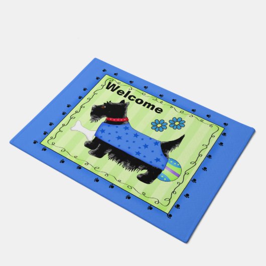 Black Scottie Dog Welcome Blue Green Custom Fußmatte (Schrägansicht)