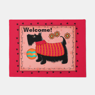 Black Scottie Dog Welcome Red Coral Fußmatte