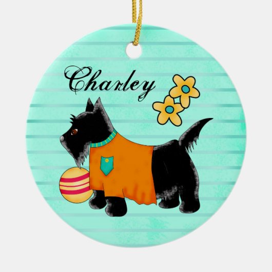 Black Scottie Terrier Dog Name Personalisiert Aqua Keramikornament (Vorne)