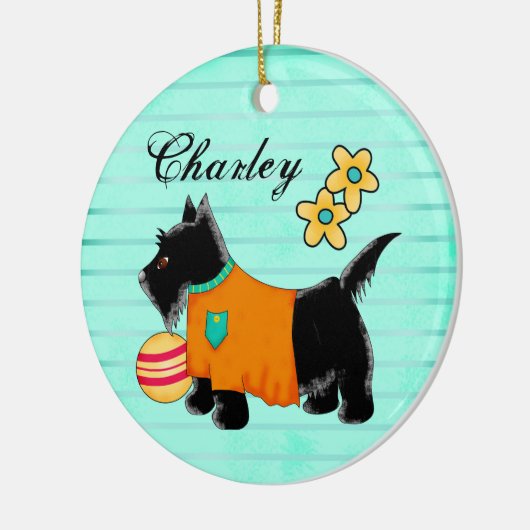 Black Scottie Terrier Dog Name Personalisiert Aqua Keramikornament (Links)
