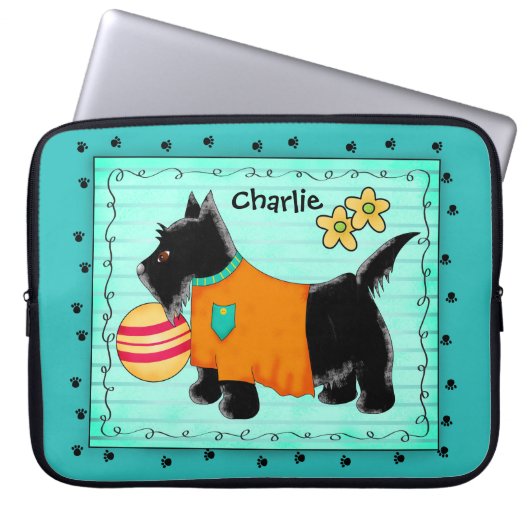 Black Scottie Terrier Dog Name Personalisiert Aqua Laptopschutzhülle (Vorderseite)