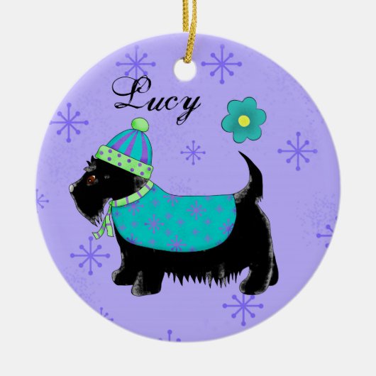 Black Scottie Terrier Dog Name Personalisiert Lila Keramikornament (Vorne)