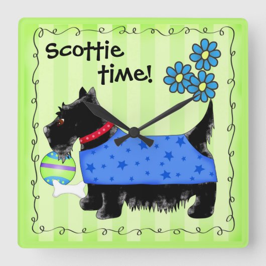 Black Scottie Terrier Dog Personalisiert Green Quadratische Wanduhr (Vorderseite)