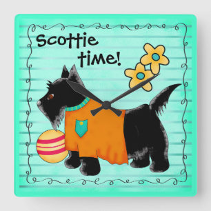 Black Scottie Terrier Dog Personalized Teal Green Quadratische Wanduhr