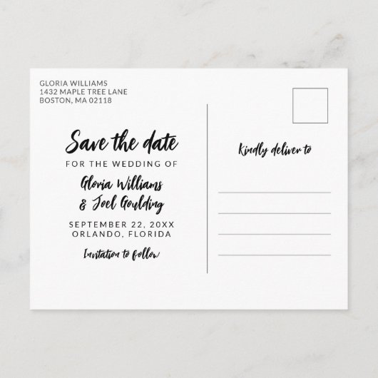 Black Script 4 Fotos Wedding Rettete Unser Datum Ankündigungspostkarte (Rückseite)