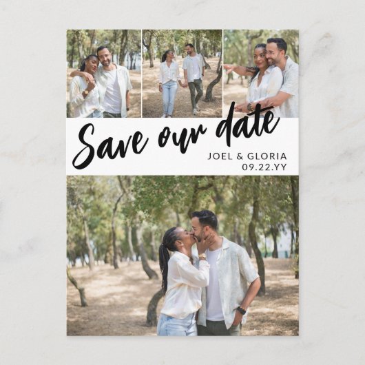 Black Script 4 Fotos Wedding Rettete Unser Datum Ankündigungspostkarte (Vorderseite)