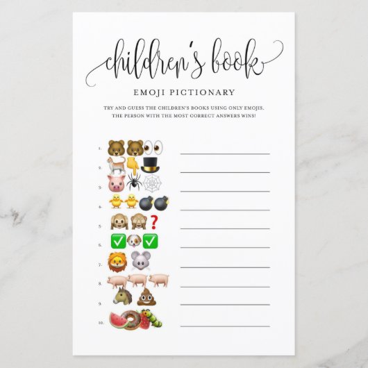 Black Script Children's Book Baby Shower Game (Vorderseite)