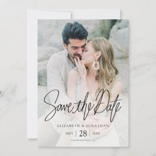 Black Script Elegant Full Foto Wedding Save The Date (Vorderseite)