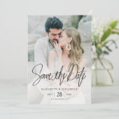 Black Script Elegant Full Foto Wedding Save The Date (Stehend Vorderseite)