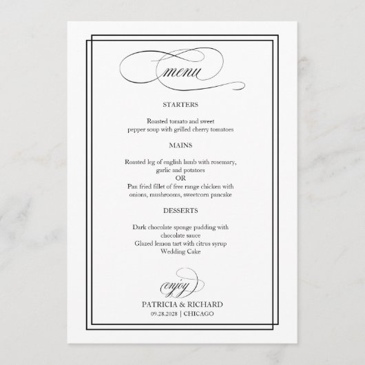 Black Script Elegant Wedding Menu Menükarte (Vorderseite)