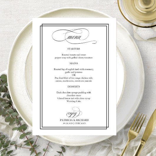 Black Script Elegant Wedding Menu Menükarte