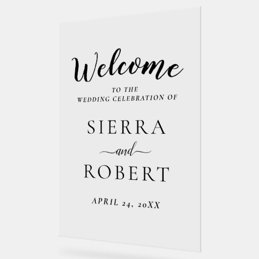 Black Script Elegant Wedding Willkommen Acrylschild (Winkel)
