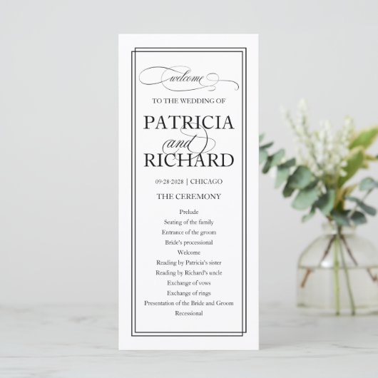 Black Script Elegant Wedding Zeremony Program Programm (Stehend Vorderseite)