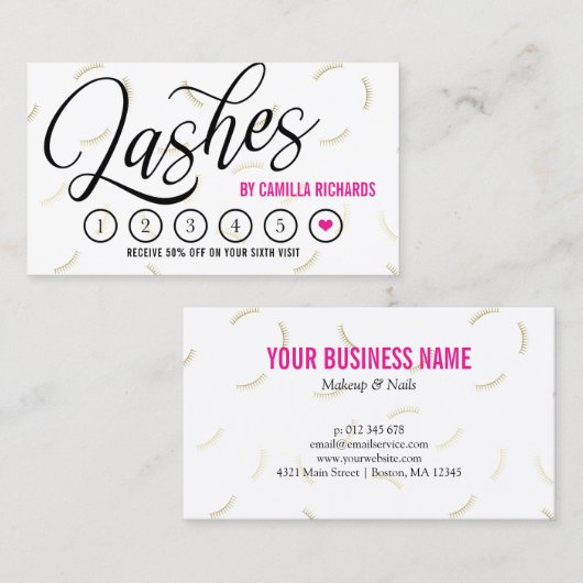 Black Script & Gold Lashes Loyalty Punch Card Six Treuekarte (Vorne/Hinten)