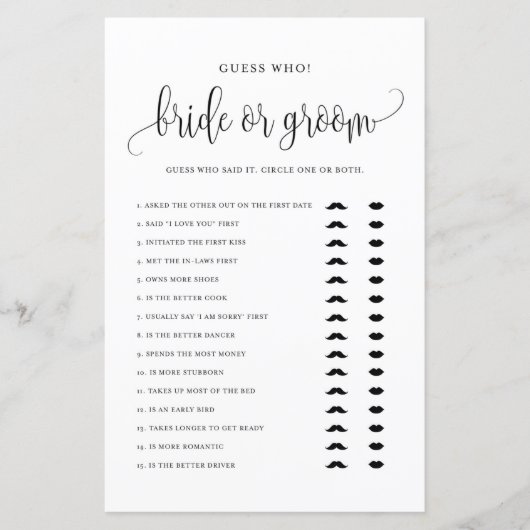 Black Script Gues Who Bridge oder Groom Shower Gam (Vorderseite)