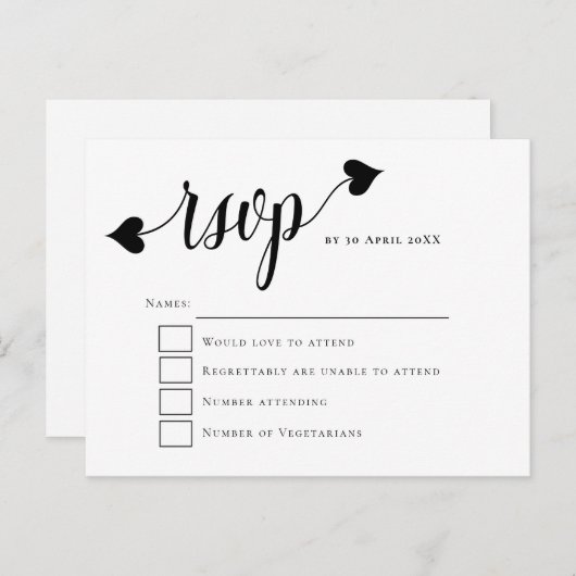 Black Script Heart Swash Wedding RSVP Postkarte (Vorne/Hinten)