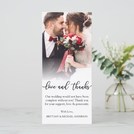 Black Script Liebe Danke Wedding Foto Vielen Dank Karte (Stehend Vorderseite)