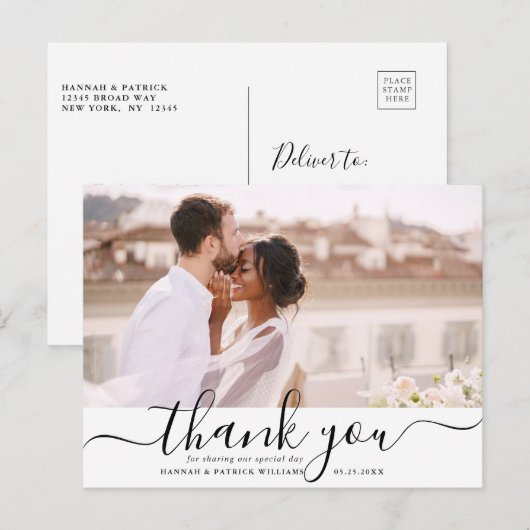 Black Script Modern Wedding Danke Foto Postkarte (Vorne/Hinten)