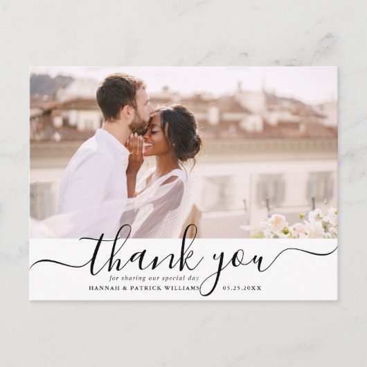 Black Script Modern Wedding Danke Foto Postkarte (Vorderseite)
