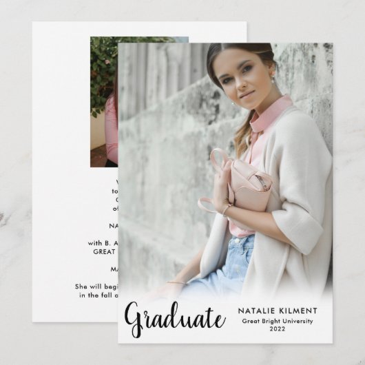Black Script Modernes Graduate Foto Abschluss Ankündigung (Vorne/Hinten)