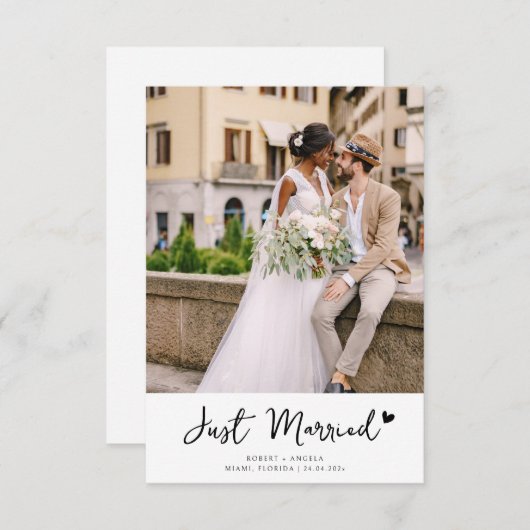 Black Script Photo Wedding Announcement Dankeskarte (Vorne/Hinten)