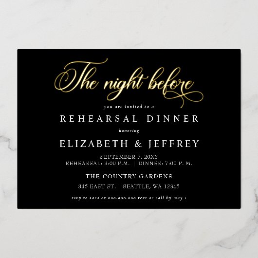 Black Script The Night Before Rehearsal Dinner Folieneinladung (Vorderseite)