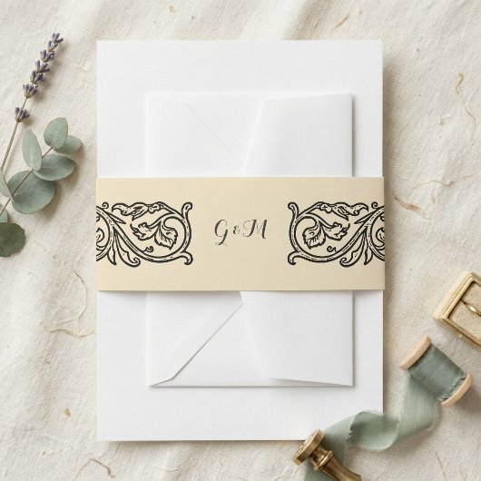 Black Scroll Monogrammed Elegant Invitation  Einladungsbanderole