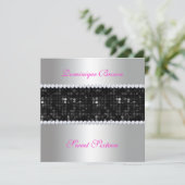 Black Sequin Einladung mit Diamanten - Silber (Stehend Vorderseite)