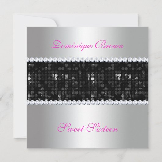 Black Sequin Einladung mit Diamanten - Silber (Vorderseite)